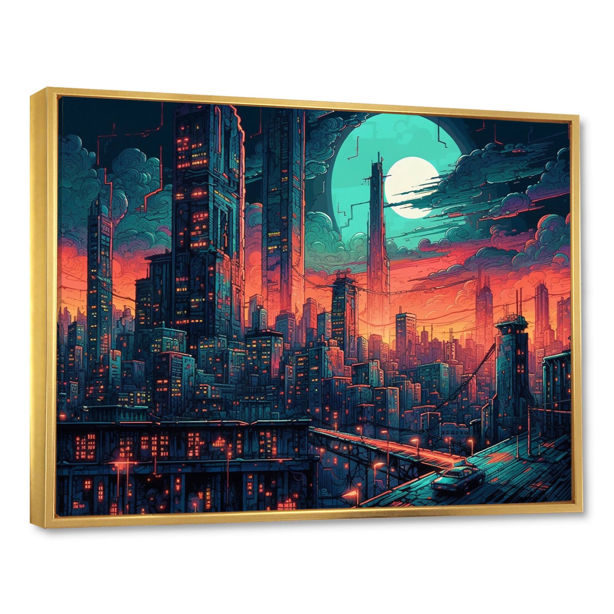 Designart "Green And Orange Metropolis Deco Ii" City Art Deco Framed